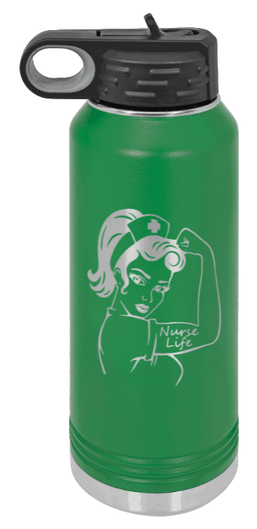 Nurse Life Girl - 32oz Water Bottle Laser Engraved- Green