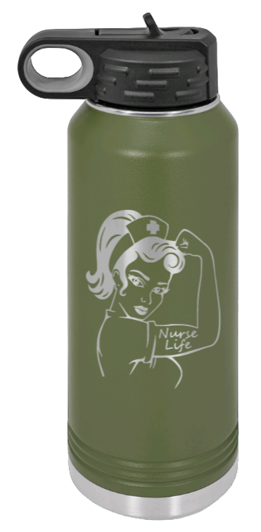 Nurse Life Girl - 32oz Water Bottle Laser Engraved- Olive