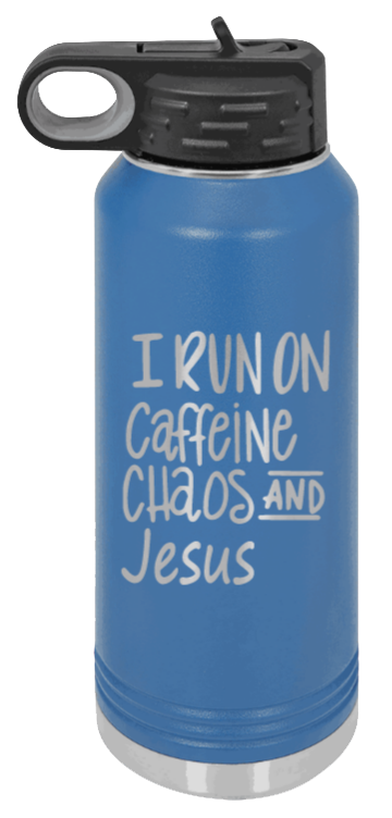 Caffeine Chaos and Jesus - 32oz Water Bottle Laser Engraved- Royal Blue