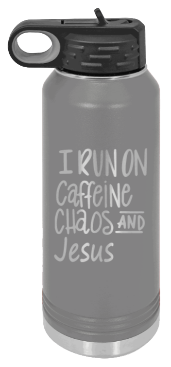 Caffeine Chaos and Jesus - 32oz Water Bottle Laser Engraved- Dark Grey