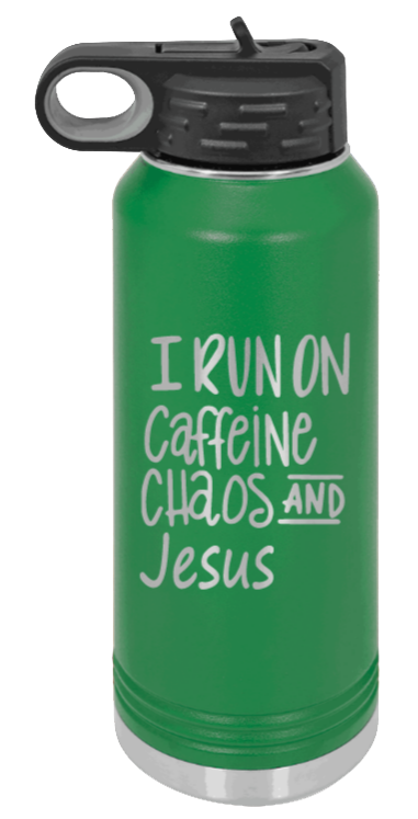 Caffeine Chaos and Jesus - 32oz Water Bottle Laser Engraved- Green