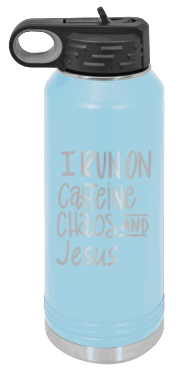 Caffeine Chaos and Jesus - 32oz Water Bottle Laser Engraved- Light Blue