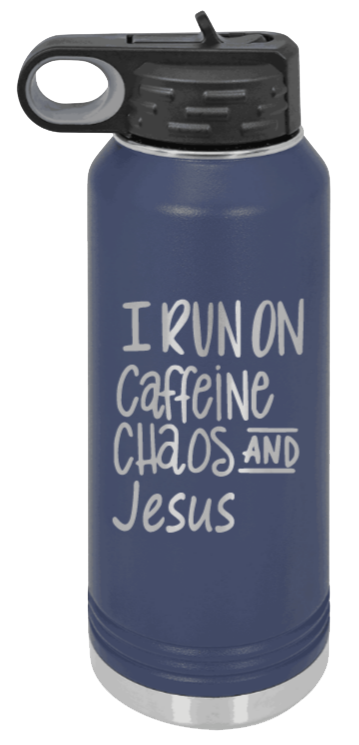 Caffeine Chaos and Jesus - 32oz Water Bottle Laser Engraved- Navy