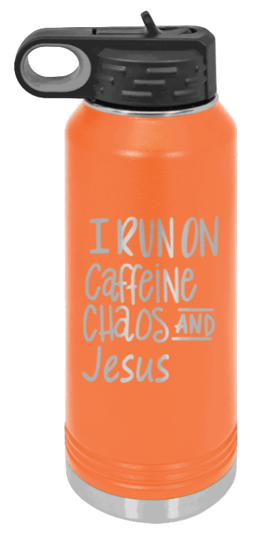 Caffeine Chaos and Jesus - 32oz Water Bottle Laser Engraved- Orange