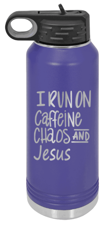 Caffeine Chaos and Jesus - 32oz Water Bottle Laser Engraved- Purple
