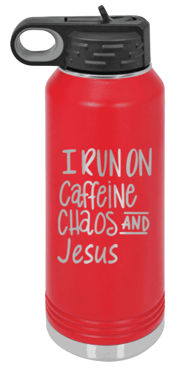 Caffeine Chaos and Jesus - 32oz Water Bottle Laser Engraved- Red