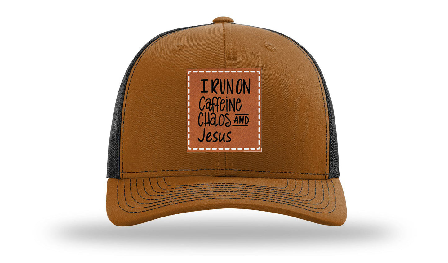 I Run on Caffeine Choas and Jesus Leather Patch Richardson 112 Hat