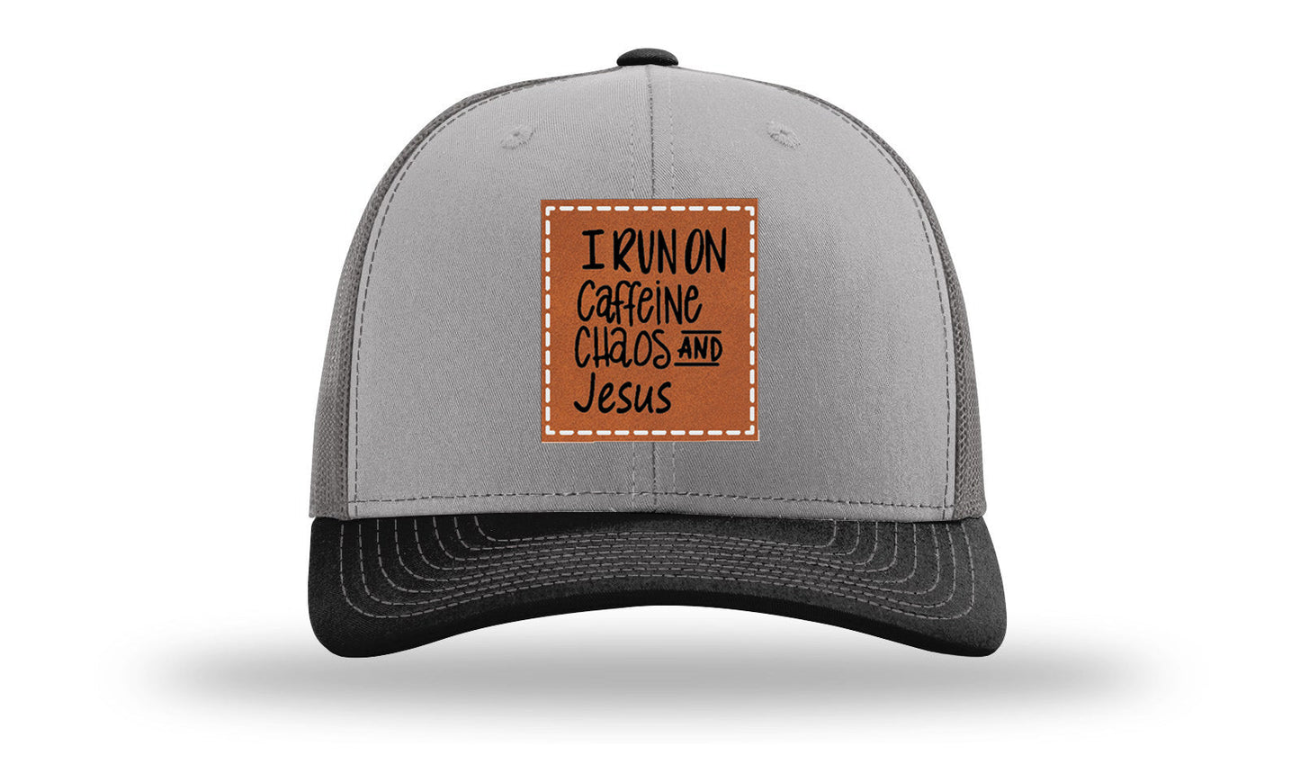 I Run on Caffeine Choas and Jesus Leather Patch Richardson 112 Hat