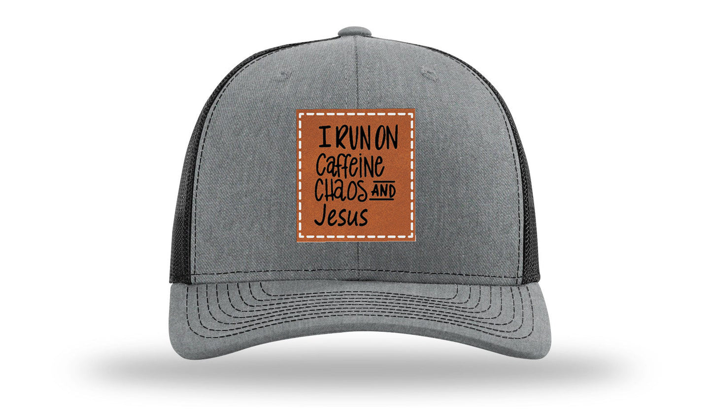 I Run on Caffeine Choas and Jesus Leather Patch Richardson 112 Hat