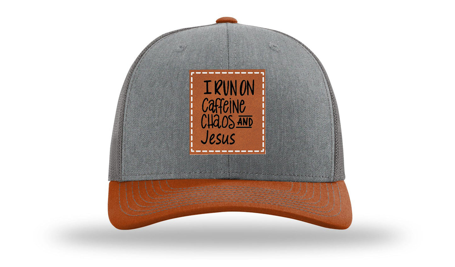 I Run on Caffeine Choas and Jesus Leather Patch Richardson 112 Hat