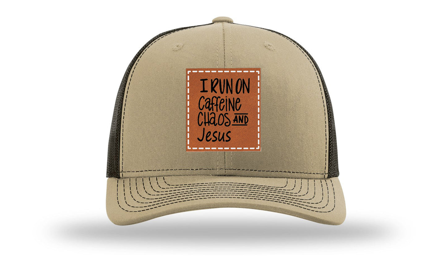 I Run on Caffeine Choas and Jesus Leather Patch Richardson 112 Hat
