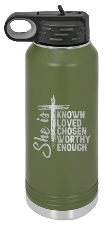 She Is - 32oz Water Bottle Laser Engraved- Olive