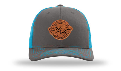 I Can Do All Things Philippians 4:13 Leather Patch Richardson 112 Hat-Charcoal / Neon Blue