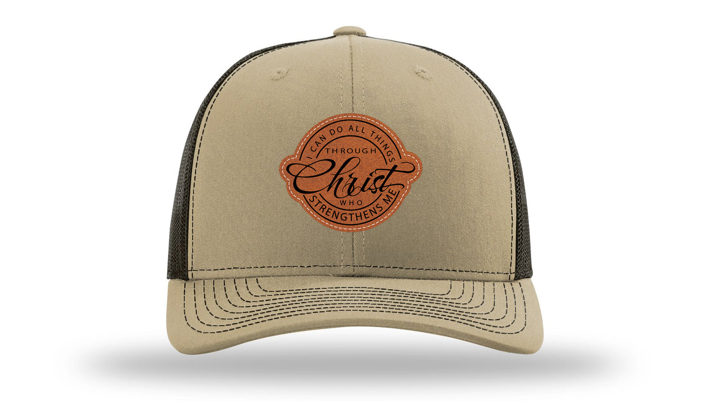 I Can Do All Things Philippians 4:13 Leather Patch Richardson 112 Hat-Khaki / Coffee