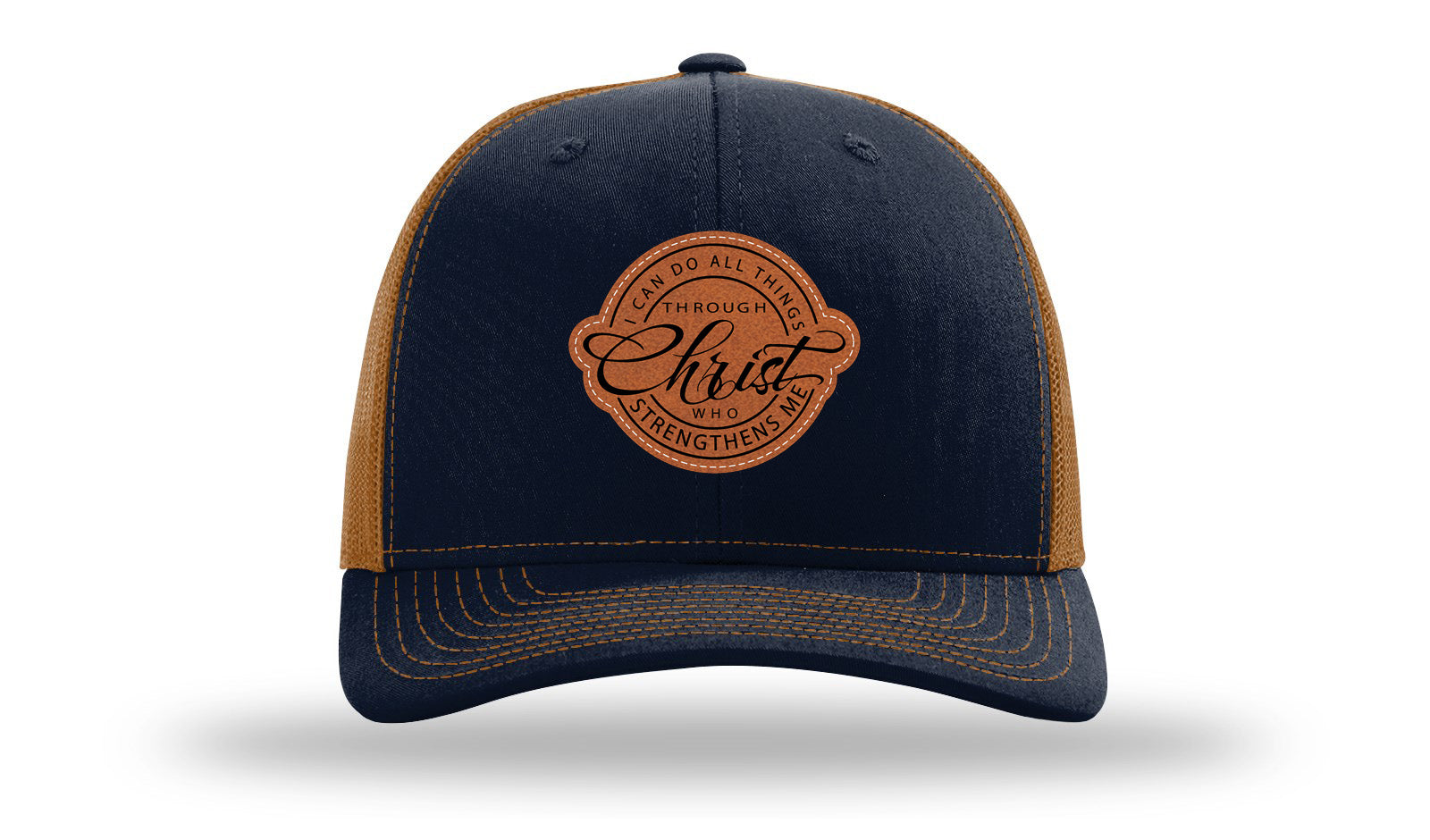 I Can Do All Things Philippians 4:13 Leather Patch Richardson 112 Hat-Navy / Caramel