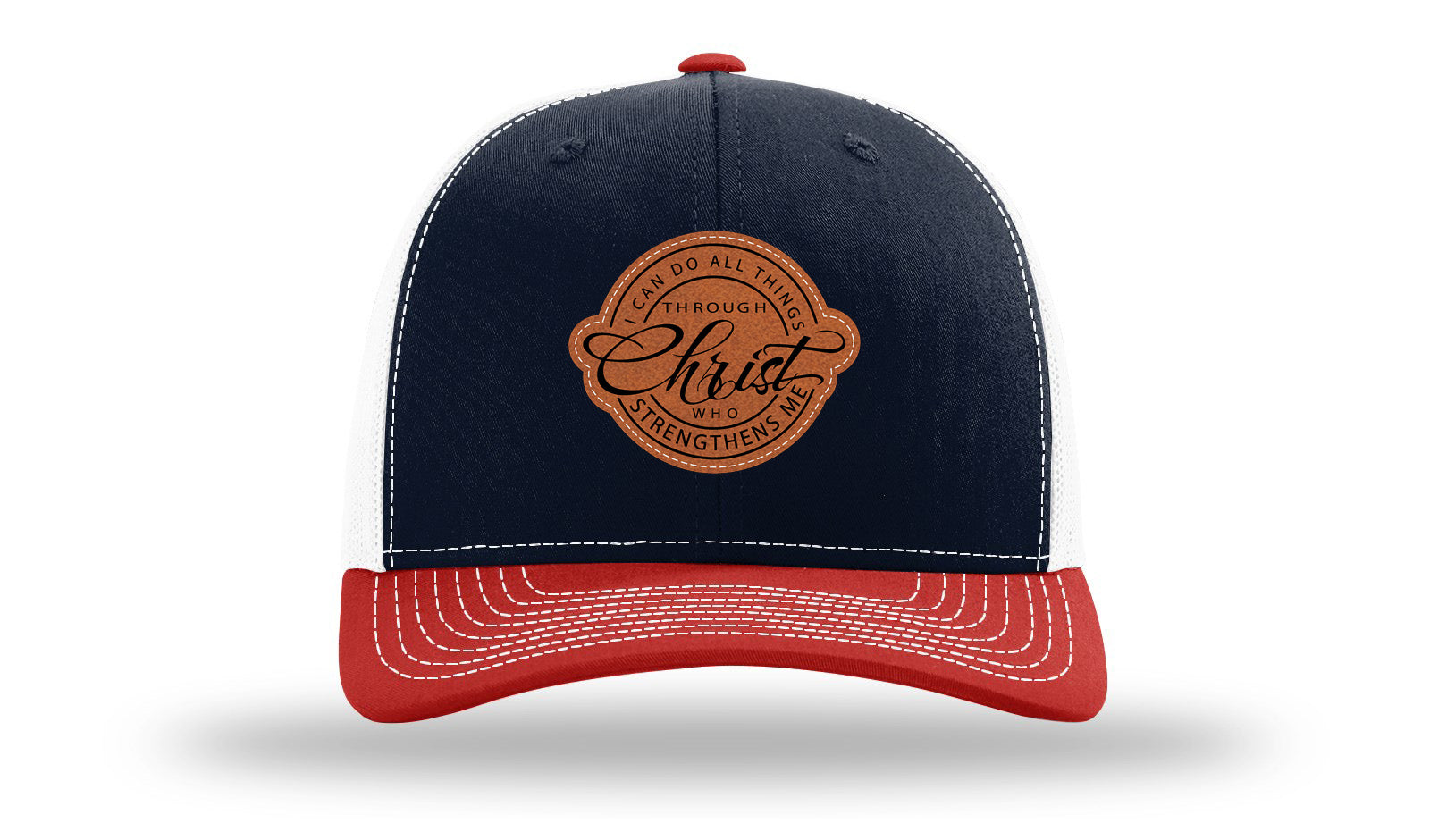 I Can Do All Things Philippians 4:13 Leather Patch Richardson 112 Hat-Navy / White / Red