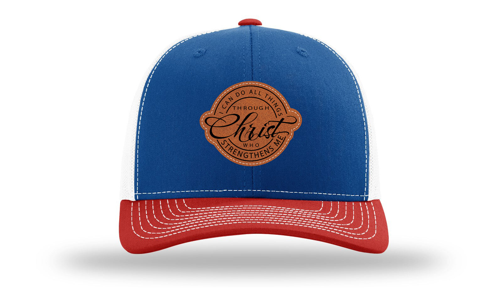 I Can Do All Things Philippians 4:13 Leather Patch Richardson 112 Hat-Royal / White / Red