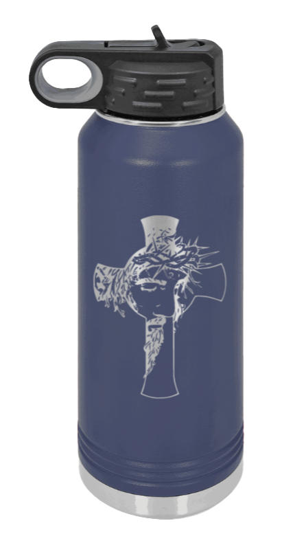 Jesus Cross - 32oz Water Bottle Laser Engraved- Navy