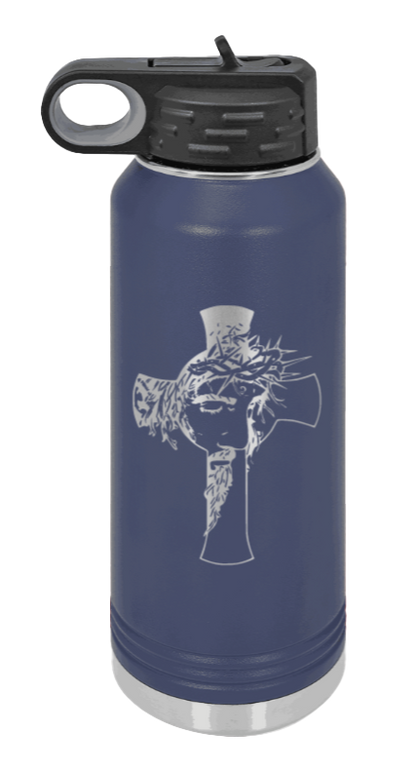 Jesus Cross - 32oz Water Bottle Laser Engraved- Navy