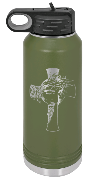 Jesus Cross - 32oz Water Bottle Laser Engraved- Olive