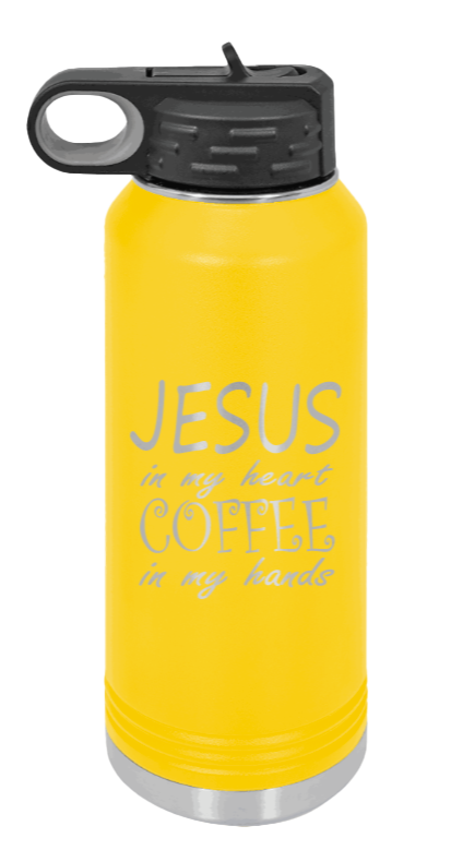 Jesus In My Heart Coffee In My Hand - 32oz Water Bottle Laser Engraved- Yellow
