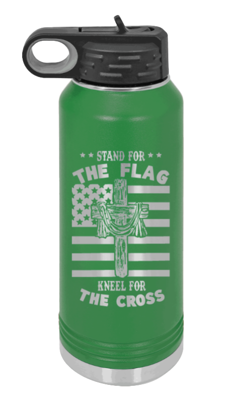 Cross Flag 3 - 32oz Water Bottle Laser Engraved- Green