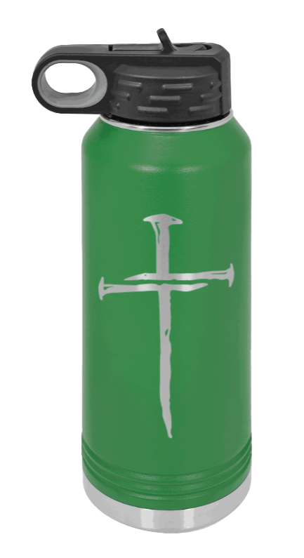 3 Nails Cross - 32oz Water Bottle Laser Engraved- Green