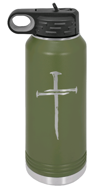 3 Nails Cross - 32oz Water Bottle Laser Engraved- Olive