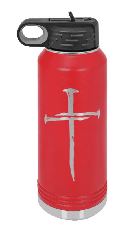 3 Nails Cross - 32oz Water Bottle Laser Engraved- Red