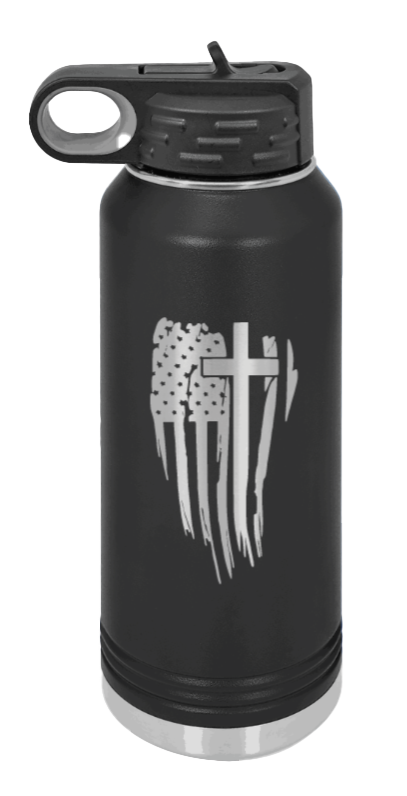 Cross Flag - 32oz Water Bottle Laser Engraved- Black
