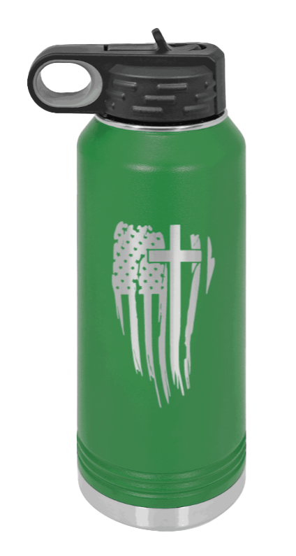 Cross Flag - 32oz Water Bottle Laser Engraved- Green