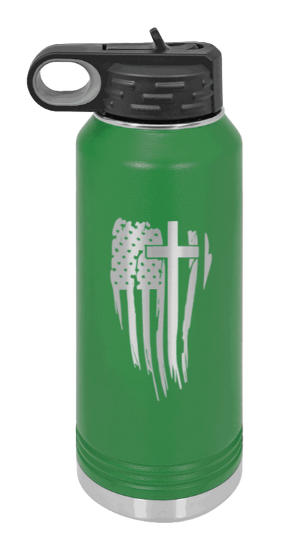 Cross Flag - 32oz Water Bottle Laser Engraved- Green