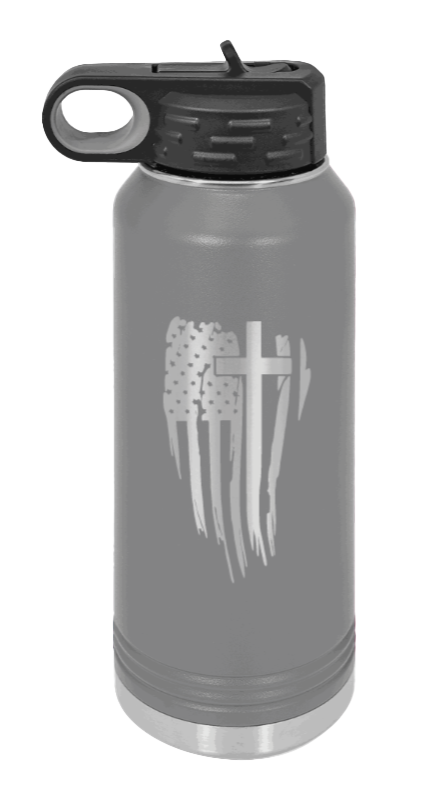 Cross Flag - 32oz Water Bottle Laser Engraved- Dark Grey