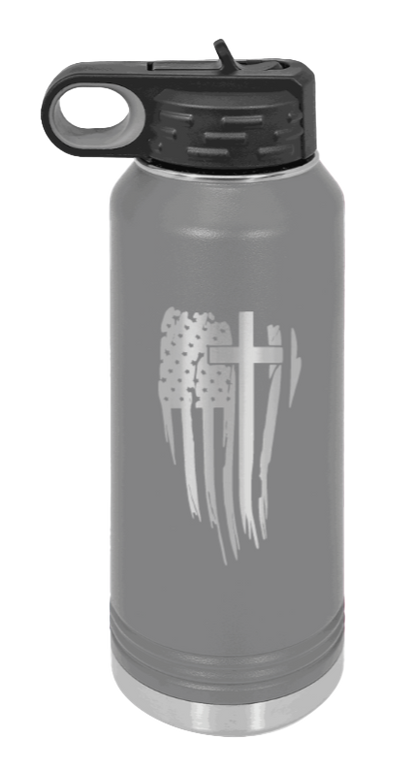 Cross Flag - 32oz Water Bottle Laser Engraved- Dark Grey