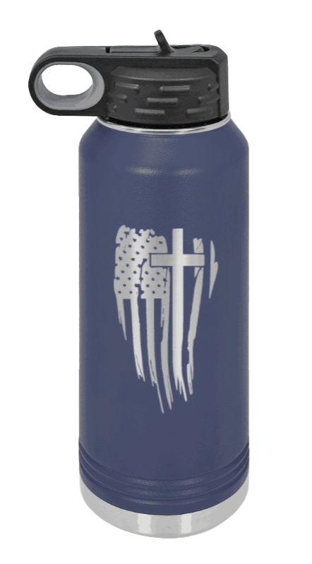 Cross Flag - 32oz Water Bottle Laser Engraved- Navy