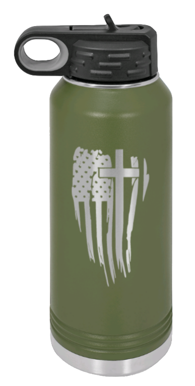 Cross Flag - 32oz Water Bottle Laser Engraved- Olive