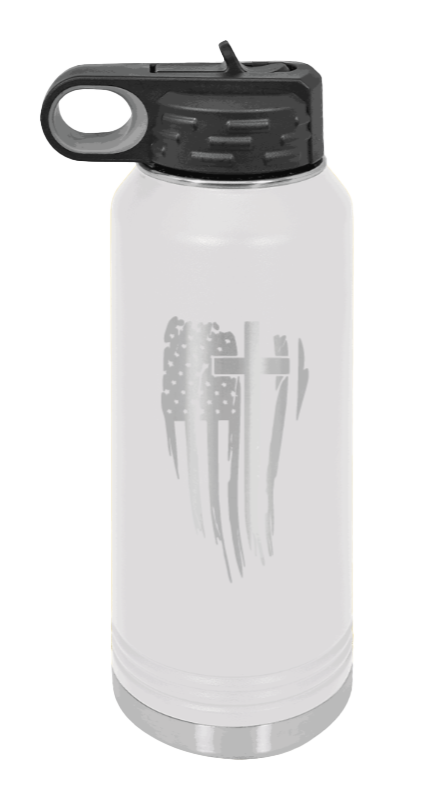Cross Flag - 32oz Water Bottle Laser Engraved- White