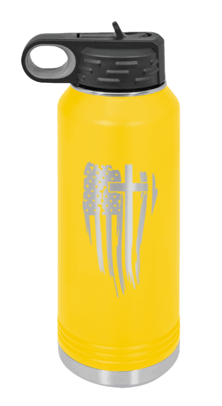 Cross Flag - 32oz Water Bottle Laser Engraved- Yellow