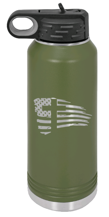 Cross Flag 2 - 32oz Water Bottle Laser Engraved- Olive