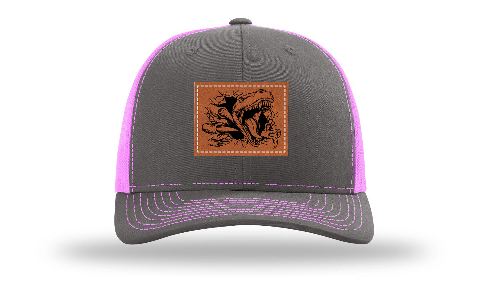 Dino T-Rex  Leather Patch Richardson 112 Hat-Charcoal / Neon Pink