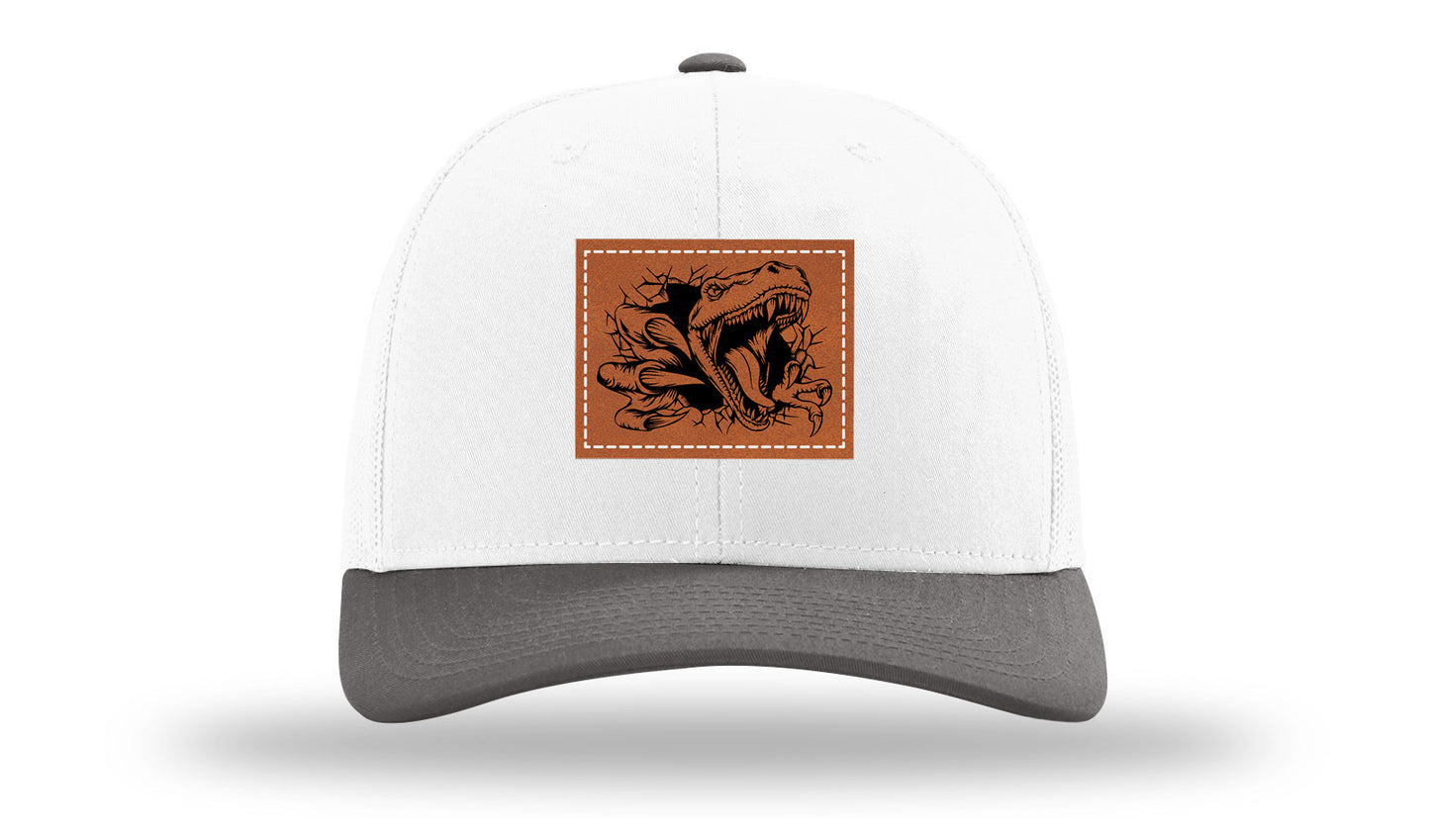 Dino T-Rex  Leather Patch Richardson 112 Hat-White / Charcaol - CMB 