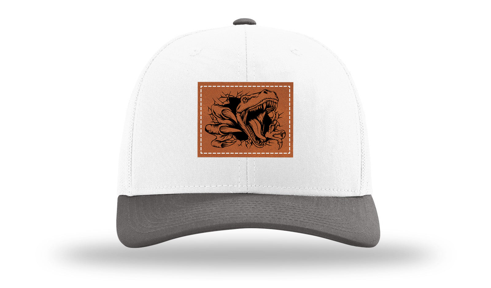 Dino T-Rex  Leather Patch Richardson 112 Hat-White / Charcaol - CMB 