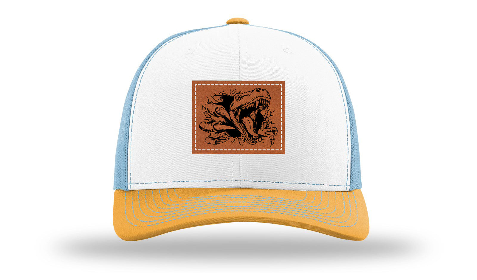 Dino T-Rex  Leather Patch Richardson 112 Hat-White / Columbia Blue / Yellow