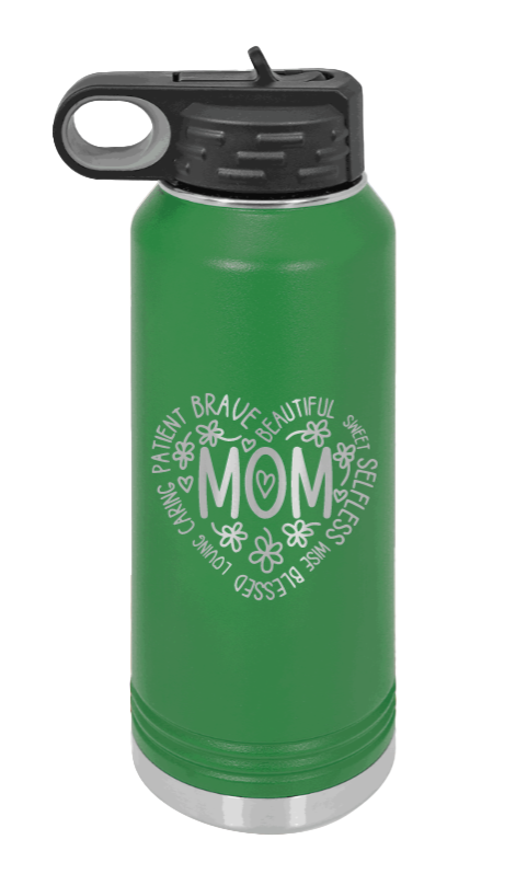 Mom - 32oz Water Bottle Laser Engraved- Green
