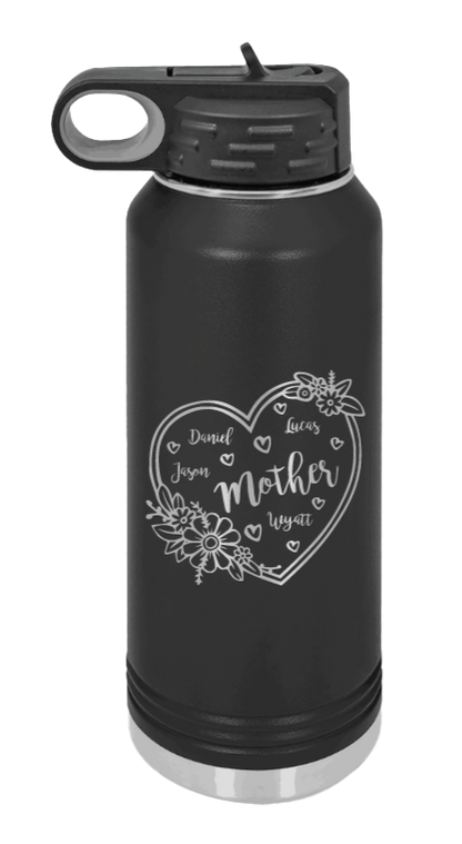 Mother with Names - 32oz Water Bottle Laser Engraved- Black