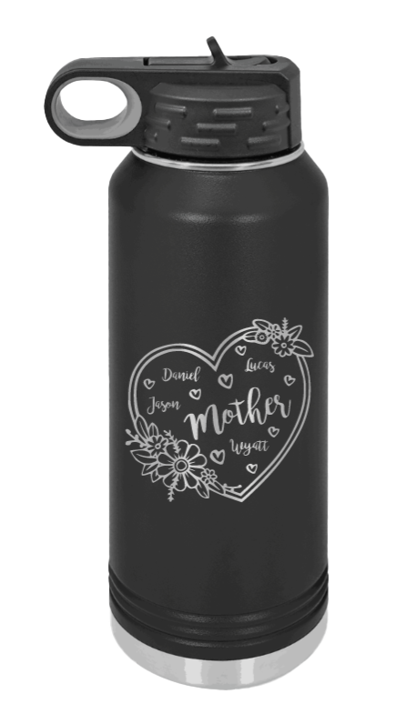 Mother with Names - 32oz Water Bottle Laser Engraved- Black