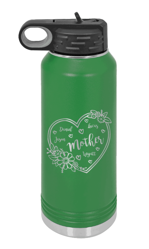 Mother with Names - 32oz Water Bottle Laser Engraved- Green