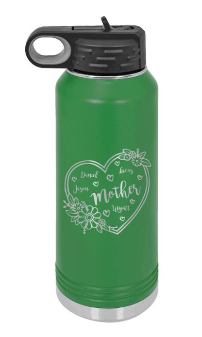 Mother with Names - 32oz Water Bottle Laser Engraved- Green