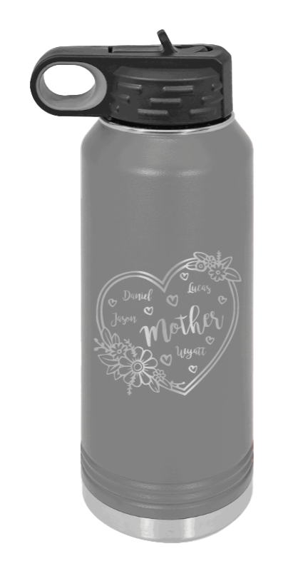 Mother with Names - 32oz Water Bottle Laser Engraved- Dark Grey