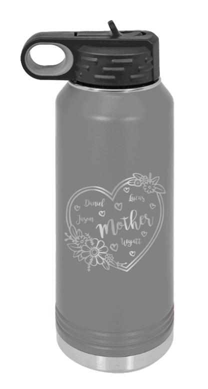 Mother with Names - 32oz Water Bottle Laser Engraved- Dark Grey